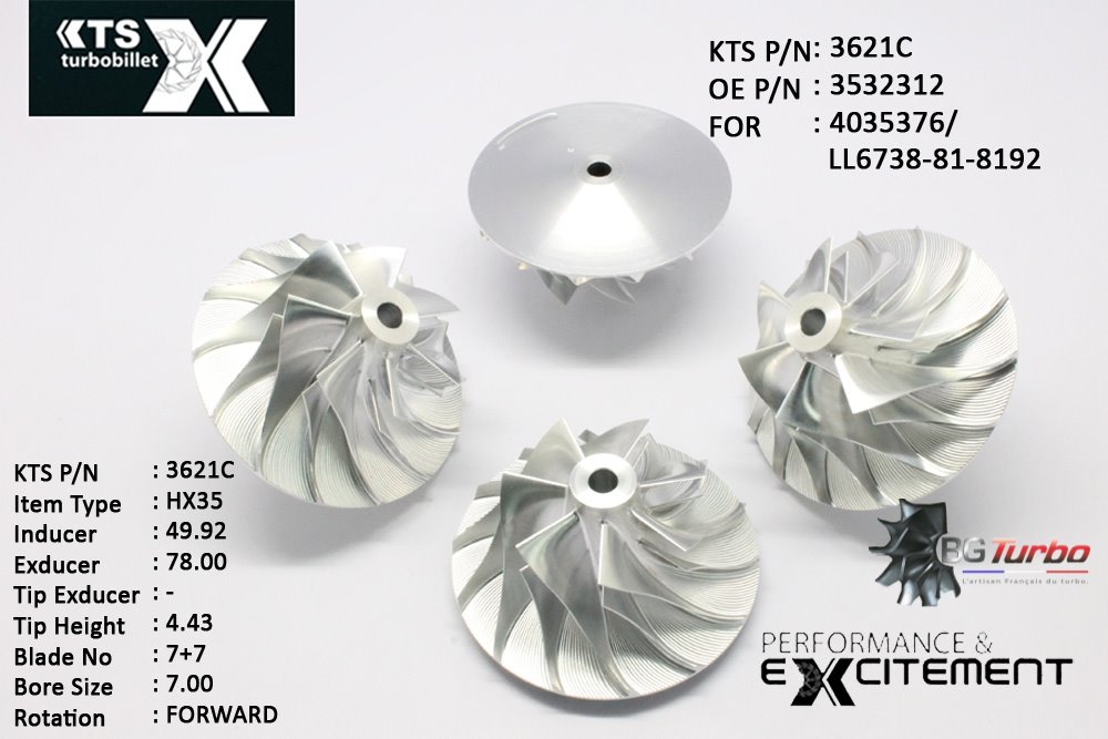 Turbo ROUE FORGÉE MFS PERFORMANCE - 7+7 PALES - INDUCER : 49,92 - EXDUCER : 78 - TYPE : HX35ANGLE : 60° - ROTATION : Forward - SUPER BACK : 5,09 - BORE SIZE : 7
